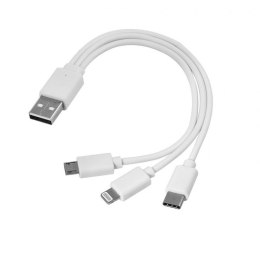 Kabel USB 3w1 micro USB + USB typ C + Lightning kolor biały